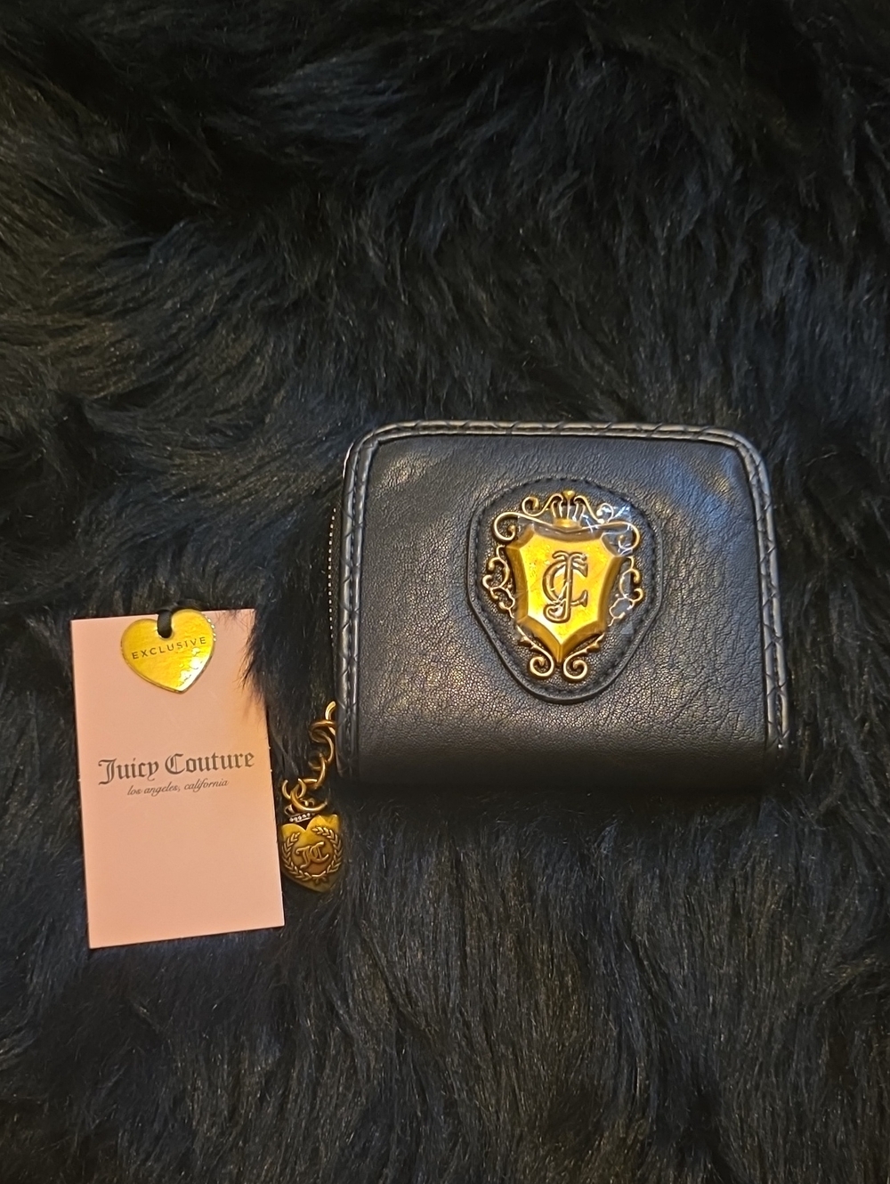 Juicy Couture Black Leather Zip-Around Wallet with Gold Crest